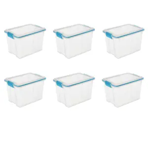 Sterilite 20 Quart Gasket Box | Weather-Resistant Clear Storage Bin with Lid | Blue | 6 Count