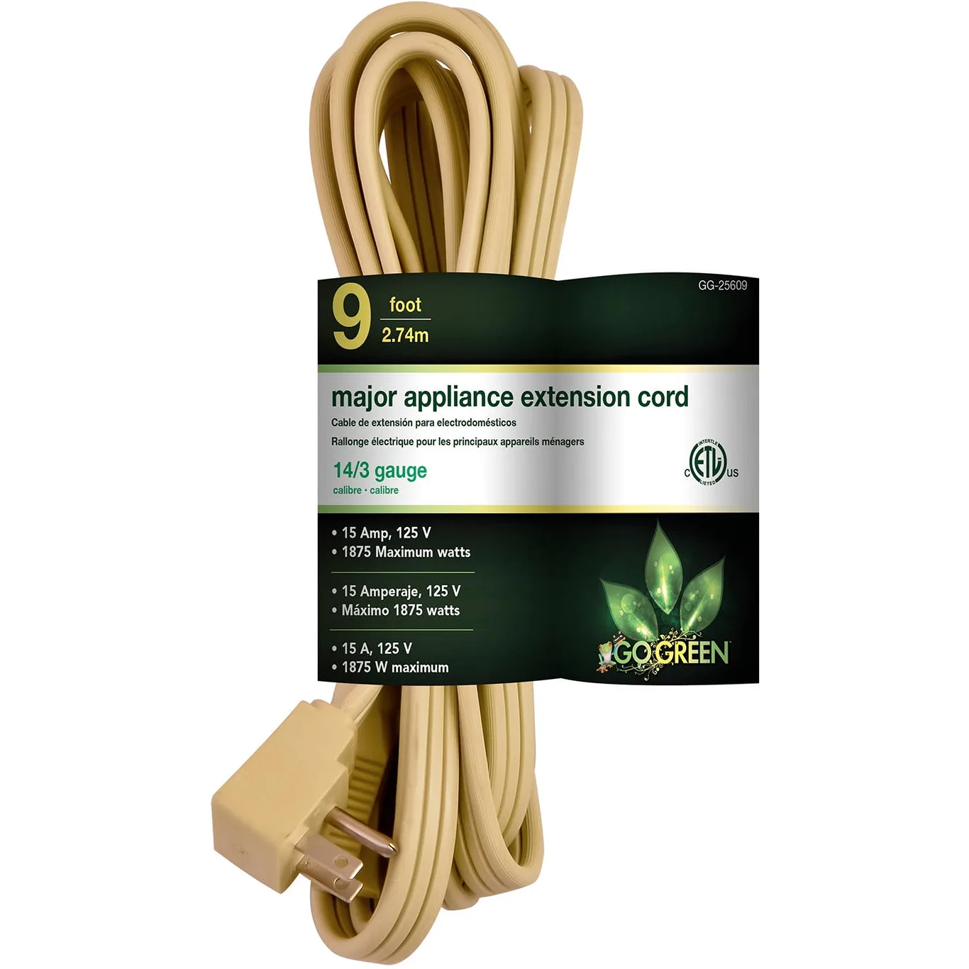 GoGreen Power (GG-25609) 14/3 9' SPT Appliance Cord | Beige | 9 Ft | 9'