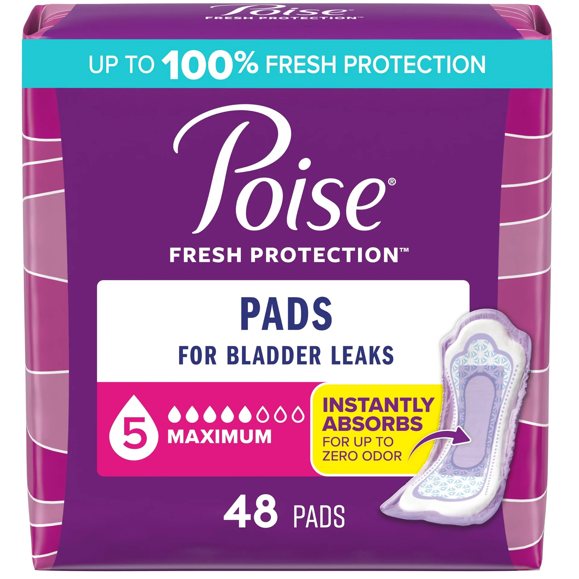 Poise Incontinence and Postpartum Pads for Bladder Leaks | 5 Drop Maximum Absorbency | Maximum Long | 84 Count | Packaging May Vary