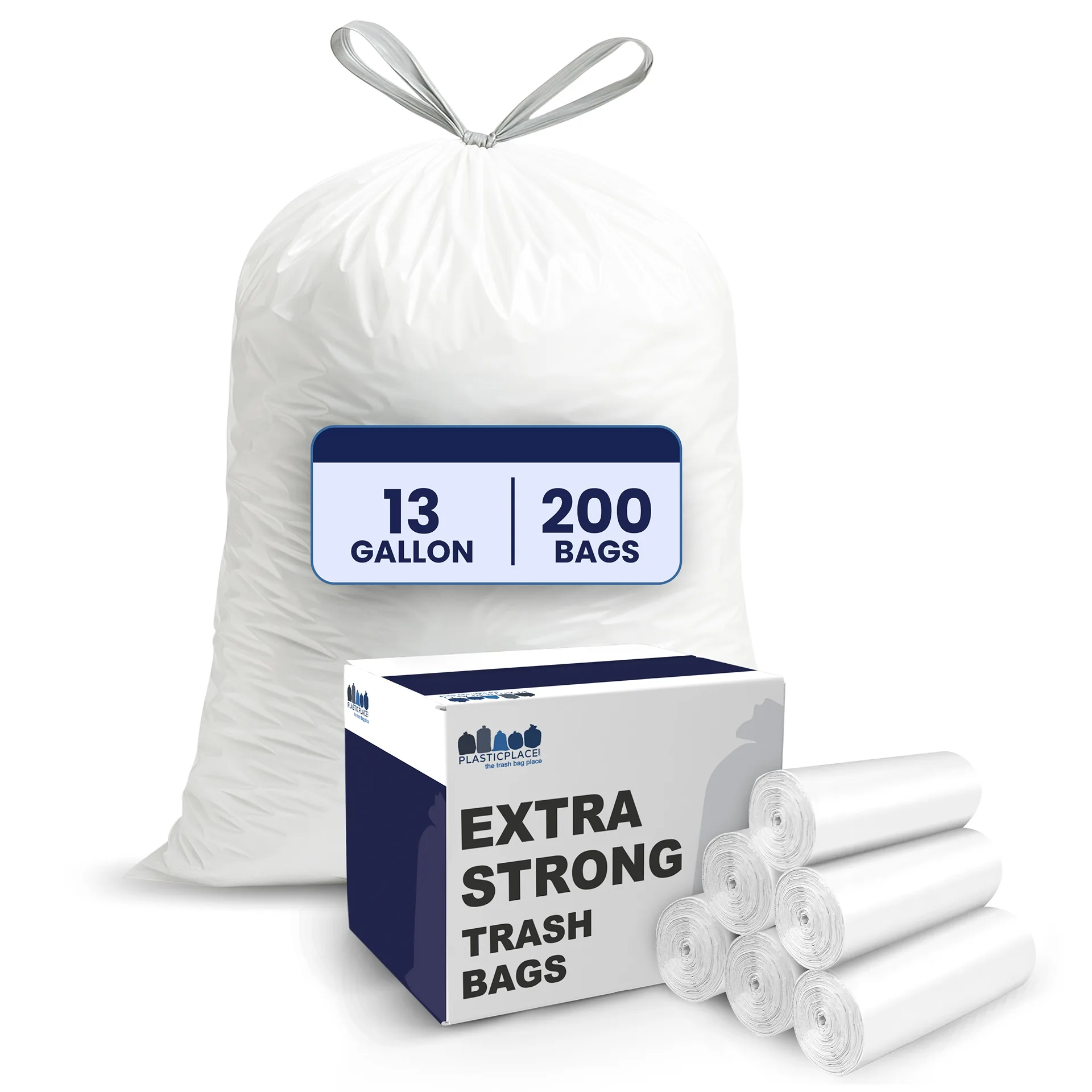 Plasticplace 5 Gallon White Drawstring Trash Bags | 0.9 Mil | 19 x 25 Garbage Liners | 100 Count