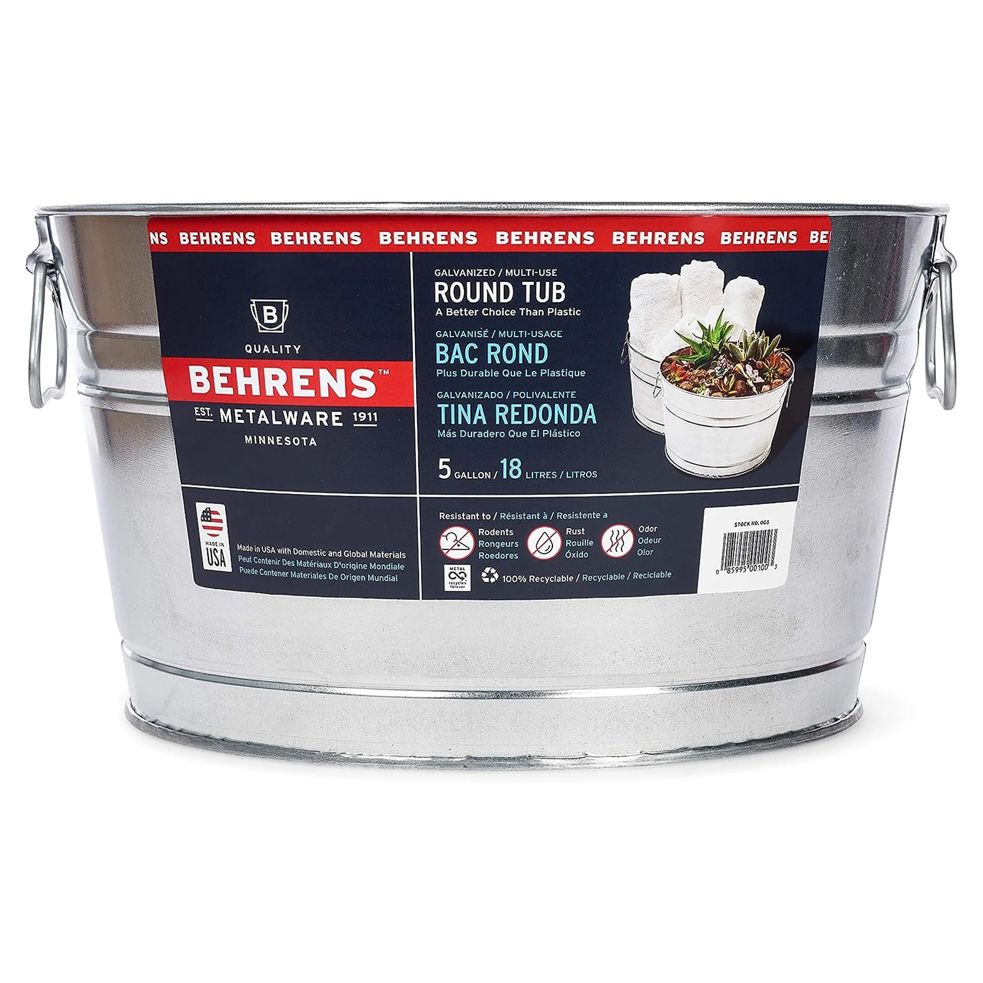 Behrens 5 Gallon Round Galvanized Weatherproof Steel Tub with Handles (Premium Edition)