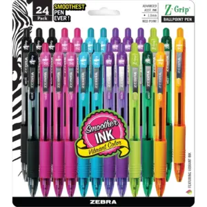 Zebra Z-Grip Retractable Ballpoint Pen 1.0mm | Assorted Ink Colors | Clear Barrels | 24-Pack | Fashion Assorted