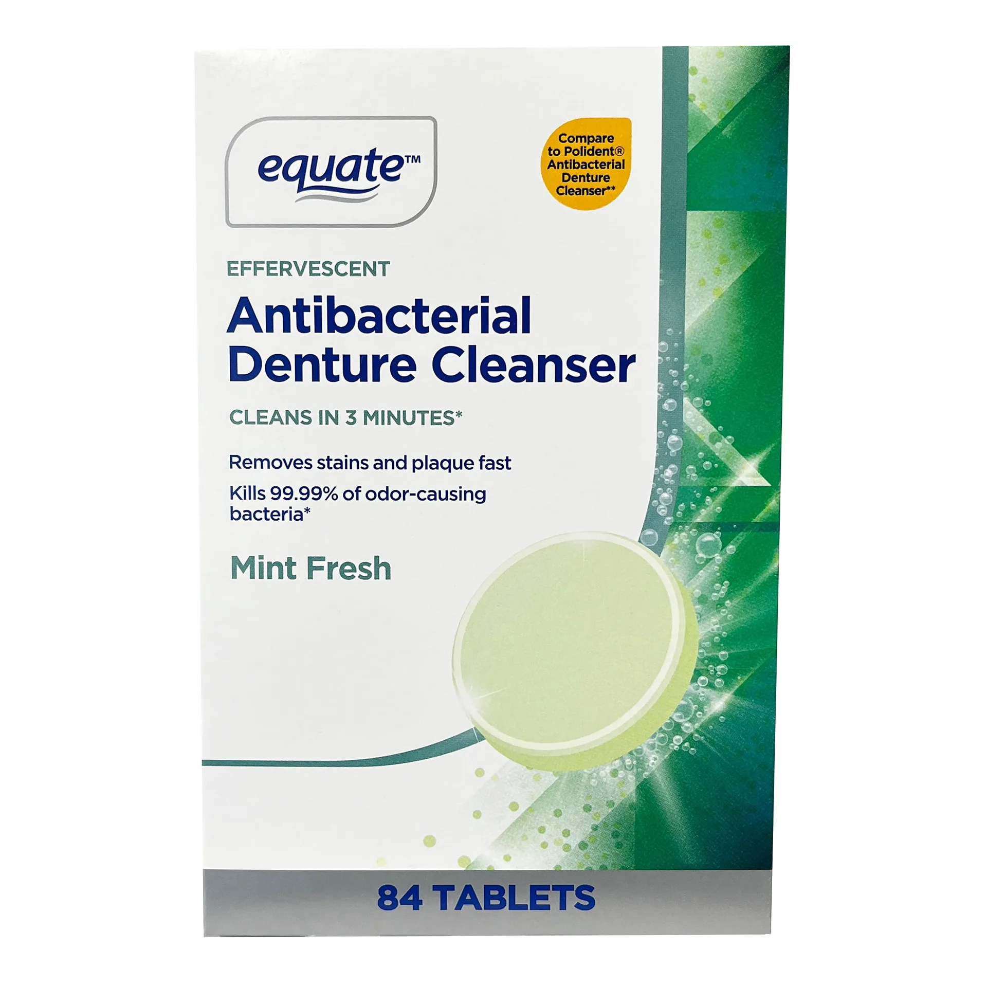 Equate Effervescent Antibacterial Denture Cleanser Tablets | Mint Fresh | 84 Count | Compare to Polident Antibacterial Denture Cleanser