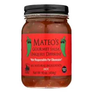 Mateo's All Natural Gourmet Salsa | Hot | 16 Ounce Glass Jar | Single