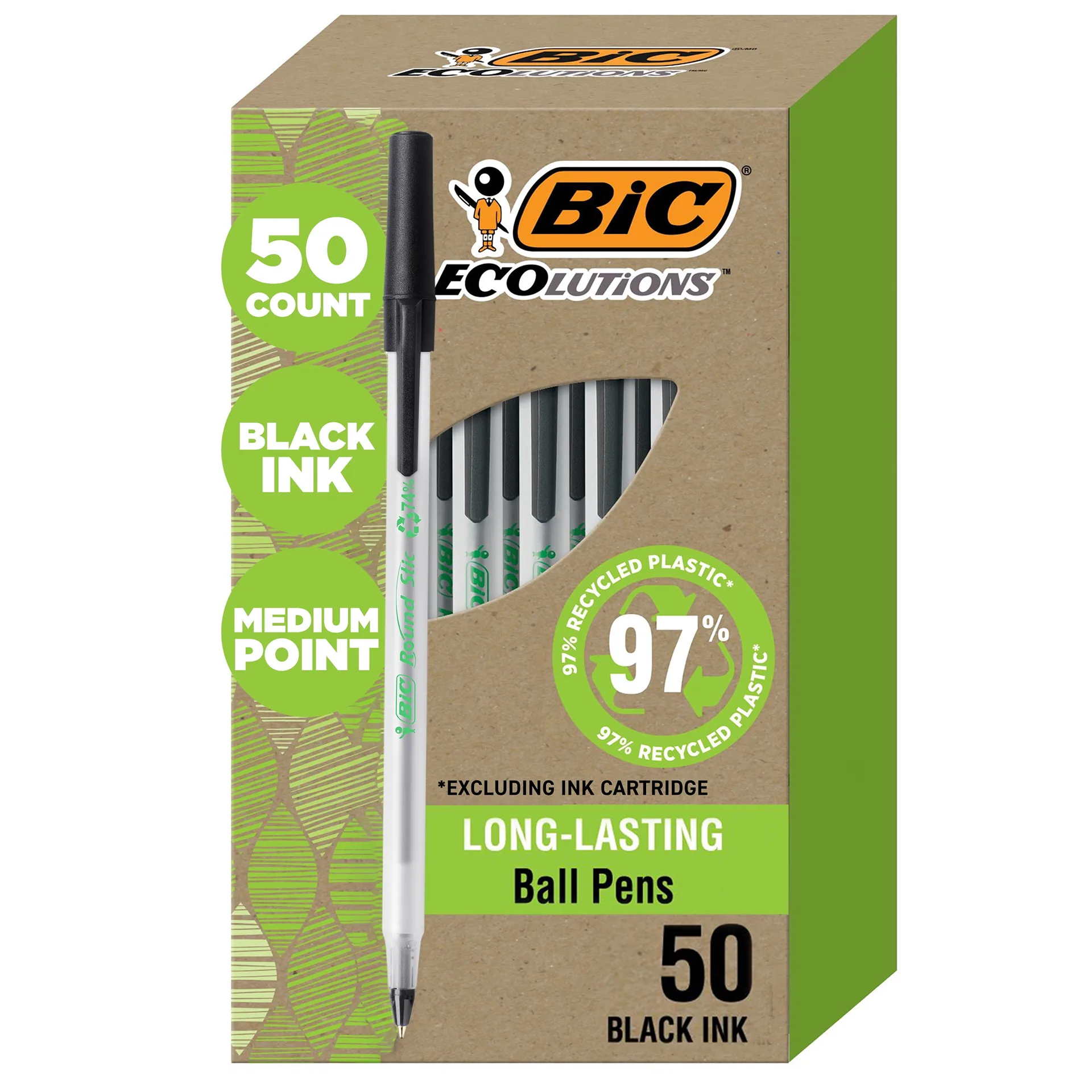 BIC Ecolutions Round Stic Ball Point Pen | Black | 1.0mm Medium Point | 50 Pack
