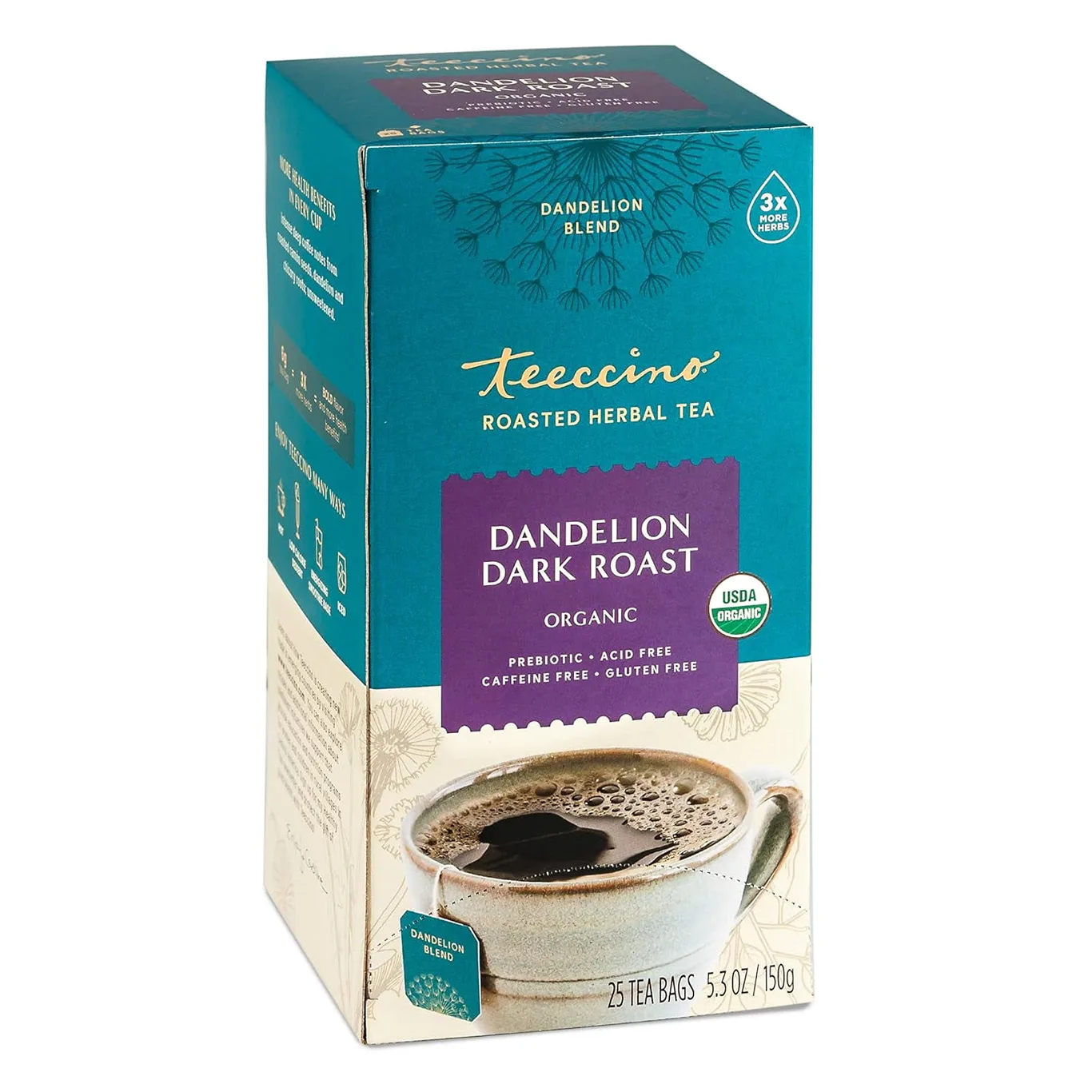 Teeccino Dandelion Herbal Tea | Dark Roast | Caffeine Free | Prebiotic | Gluten Free | 3x More Herbs | 25 Tea Bags