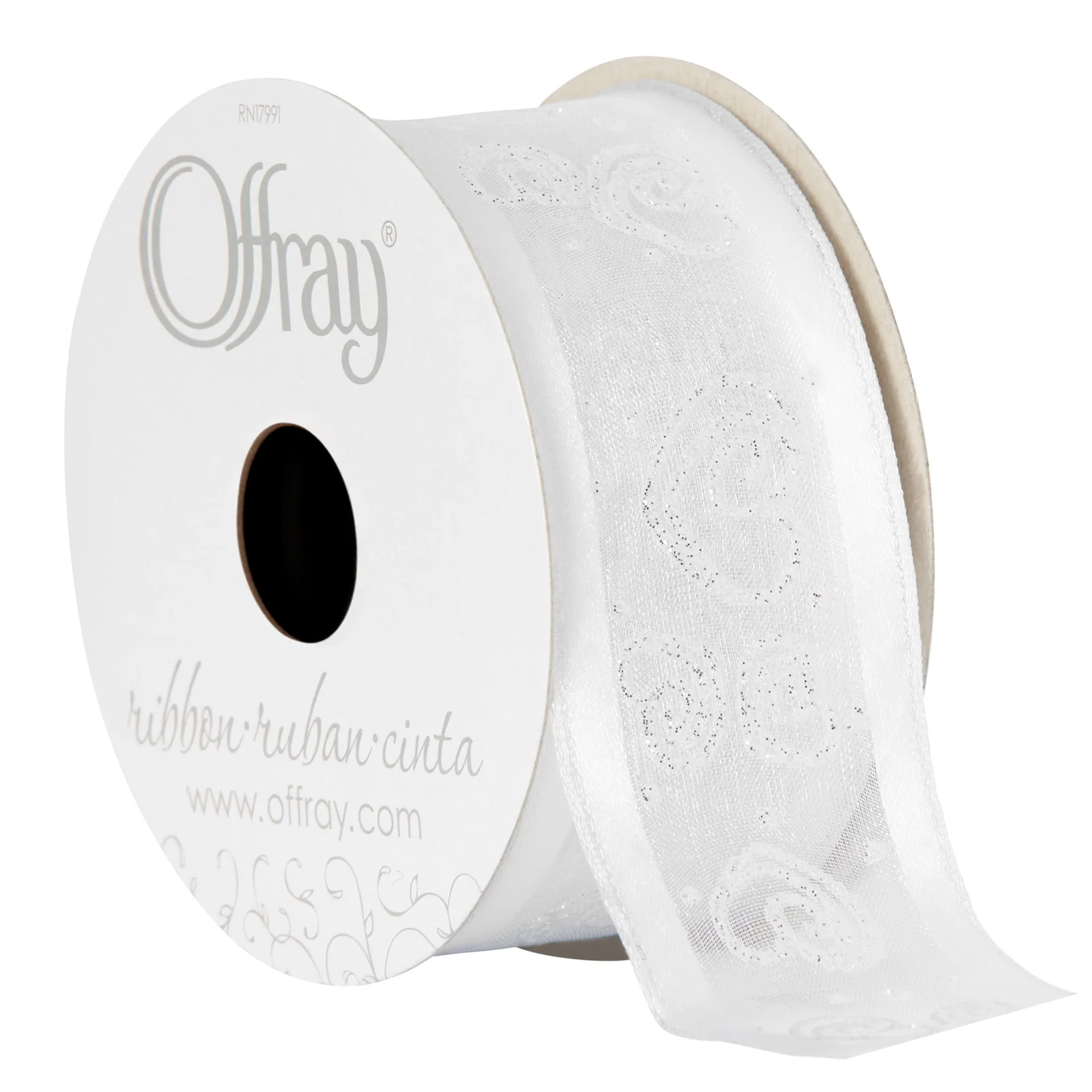 Offray Ribbon | White 1 1/2 inch Wired Edge Sheer Sheer Ribbon | 9 feet | Single | Silver