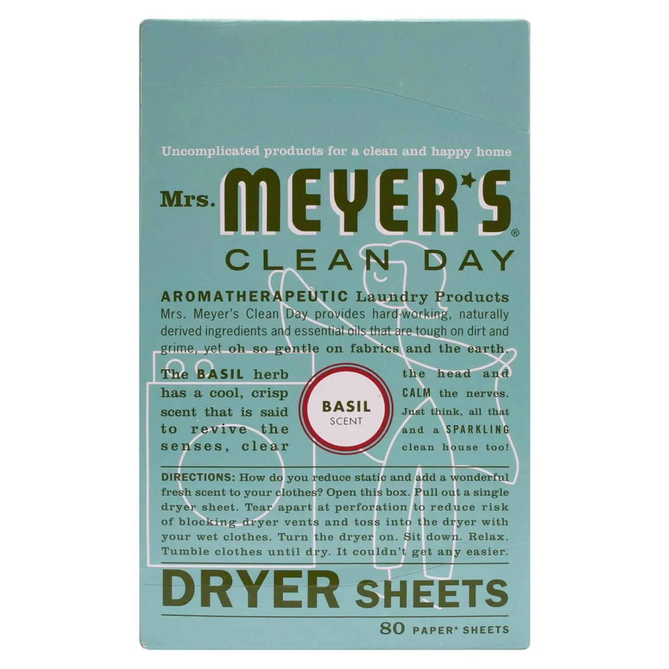 Mrs. Meyer's Clean Day Fabric Softener Dryer Sheets | Basil | 80 ct- Pack of 2