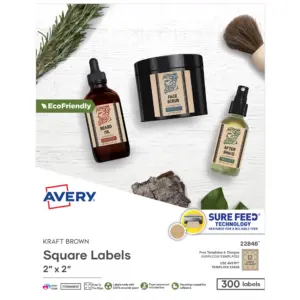Avery Kraft Brown Square Labels with Sure Feed Technology | 2 x 2 | Print to the Edge | Laser/Inkjet Printable Labels | 300 Total (22846)