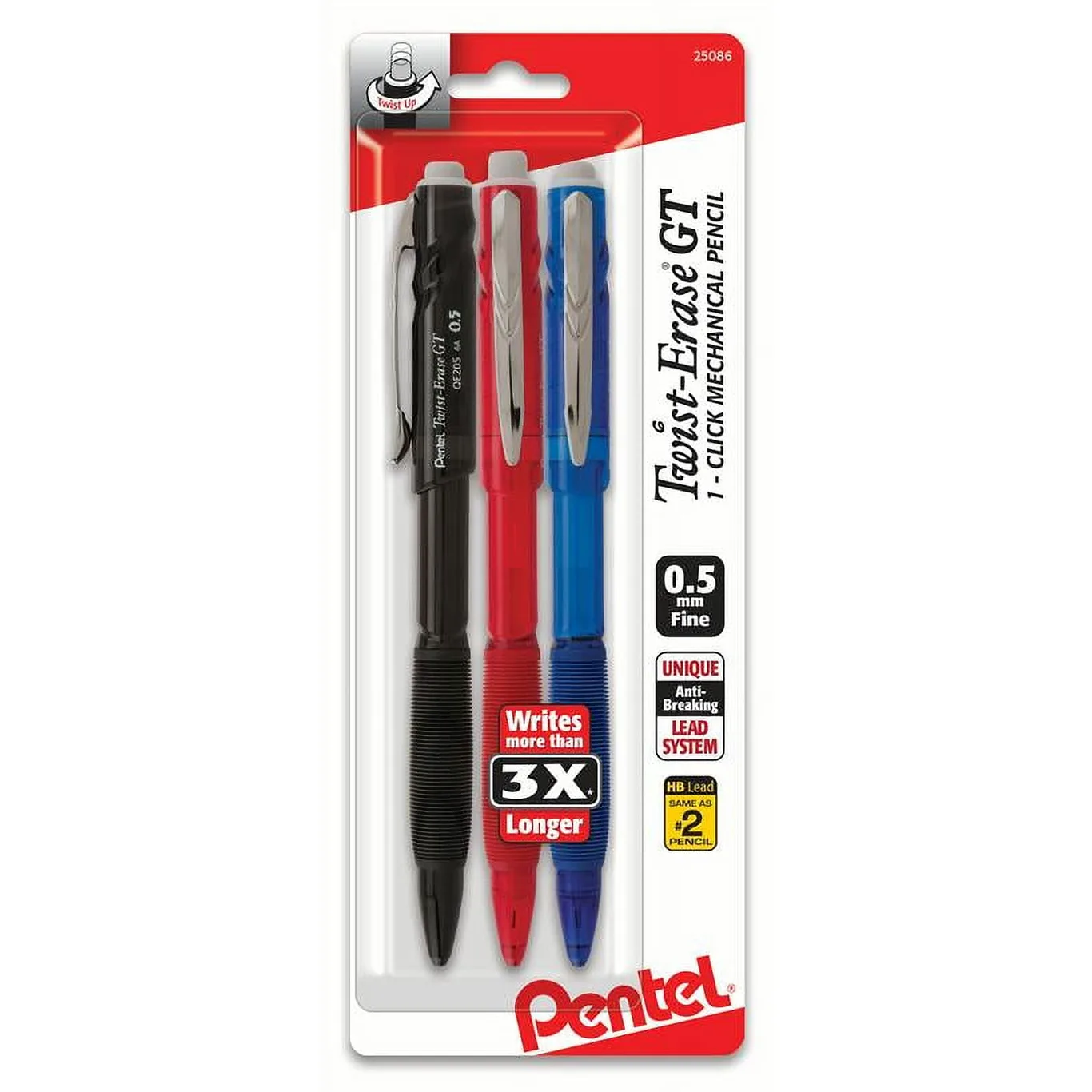 Pentel Twist-Erase GT Mechanical Pencils | 0.5mm | HB Lead | 3 Count