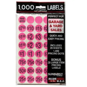 Sunburst Systems 7035 Price Labels Stickers Pre-Printed for Garage | Yard or Estate Sales -1000 Count | Pink