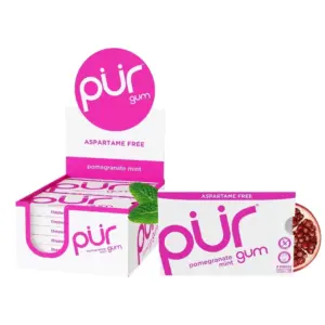 PUR Gum | Aspartame Free | Sugar Free and 100% Xylitol | Pomegranate Mint Chewing Gum | 9 Pieces | Pack of 12 | Pomegranate Mint
