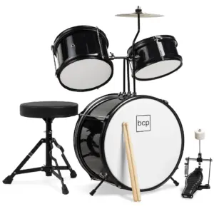 Best Choice Products Kids Beginner 3-Piece Drum | Musical Instrument Set w/ Sticks | Cushioned Stool | Drum Pedal | Black