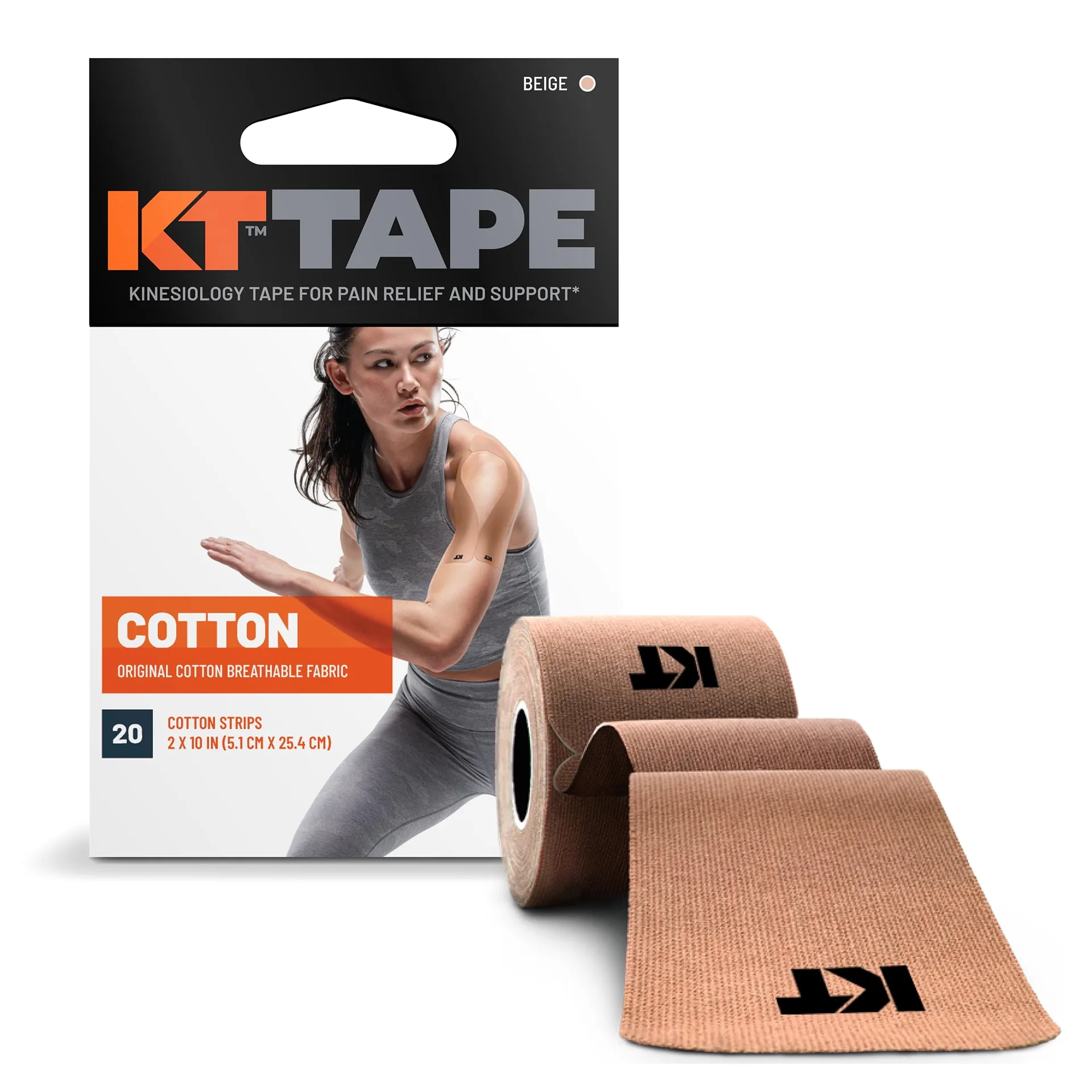 KT Tape Original Cotton Kinesiology Tape | Beige | 20 Precut Strips | Single