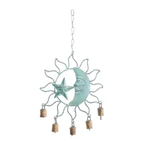 DecMode 13 Teal Metal Sun & Moon Windchime with Bells