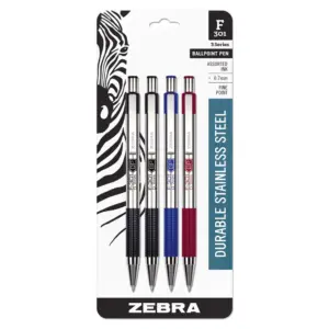 Zebra Pen F-301 Ballpoint Stainless Steel Retractable Pen | Fine Point | 0.7mm | Assorted Ink | 4-Count