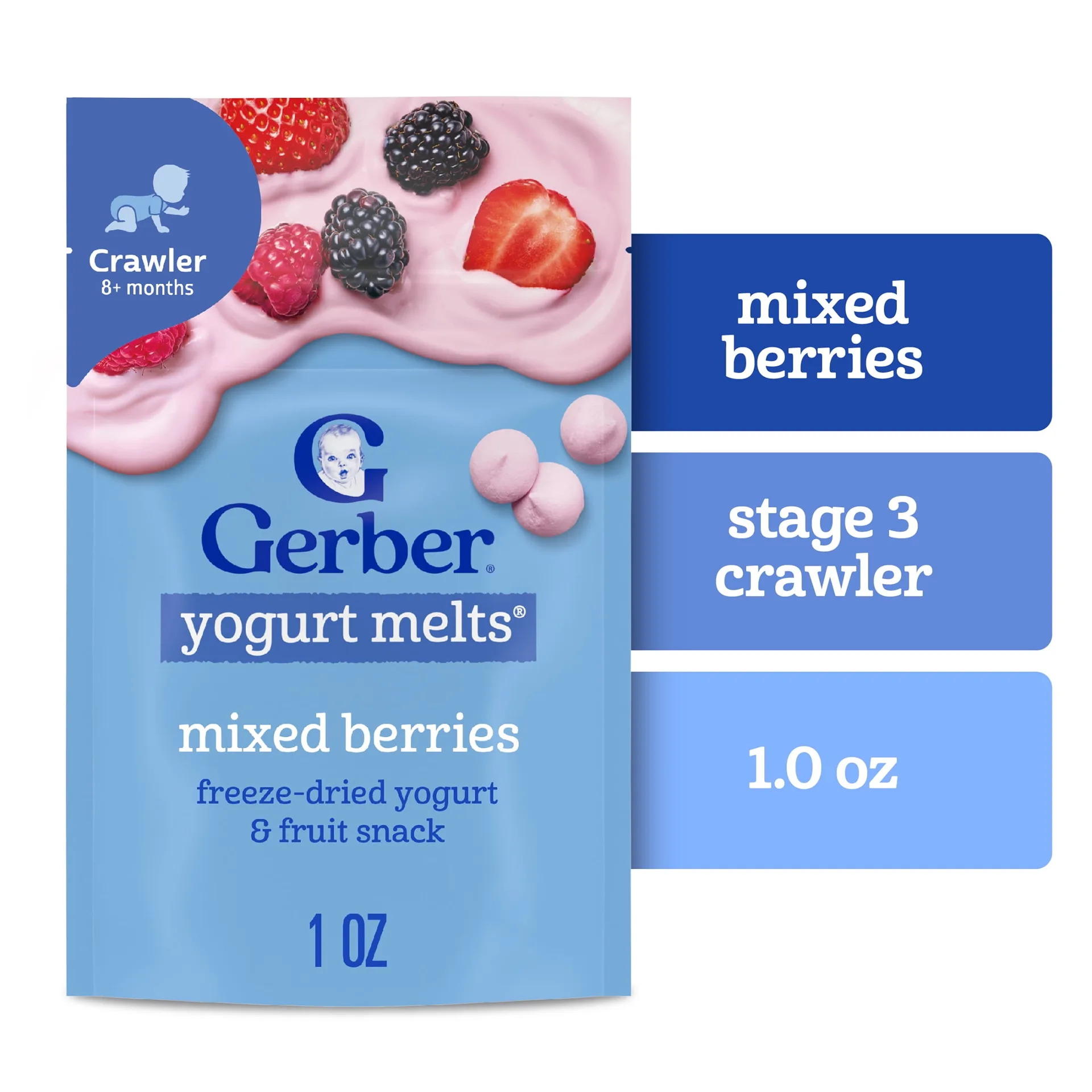 Gerber Stage 3 Baby Food Snacks | Mixed Berries Yogurt Melts | Baby Led Feeding 1 Ounce | Single