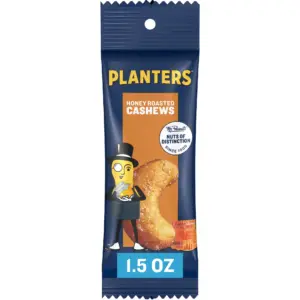 PLANTERS Honey Roasted Whole Cashews | Sweet & Salty Snacks | Plant Based Protein | 1.5 Ounce Tube
