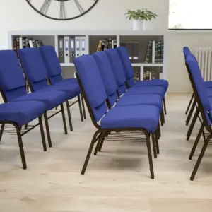 Flash Furniture HERCULES Series 18.5''W Church Chair Inch Navy Blue Fabric with Book Rack | Gold Vein Frame | Navy Blue Fabric/Gold Vein Frame