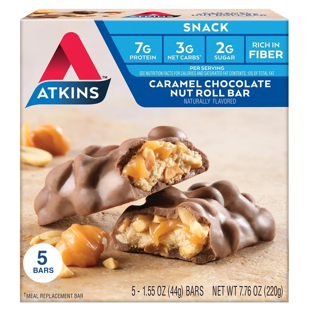 Atkins Caramel Chocolate Nut Roll Snack Bars | Low Sugar & High Fiber Snacks | 5 Ct | Caramel Chocolate Nut Roll