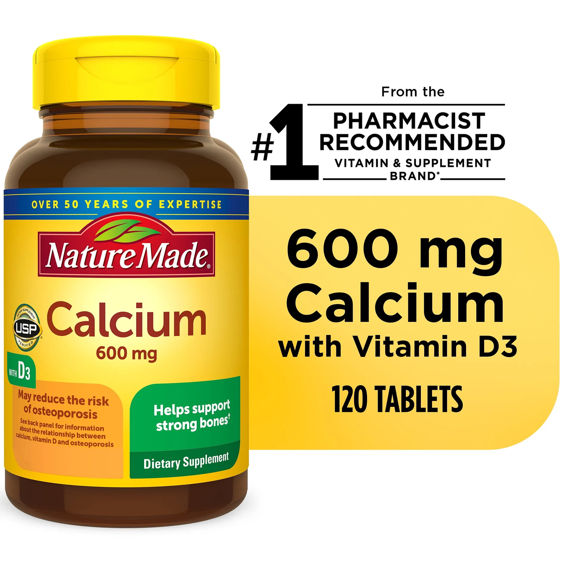 Nature Made Calcium 600 mg with Vitamin D3 Tablets | Dietary Supplement | 120 Count | Single