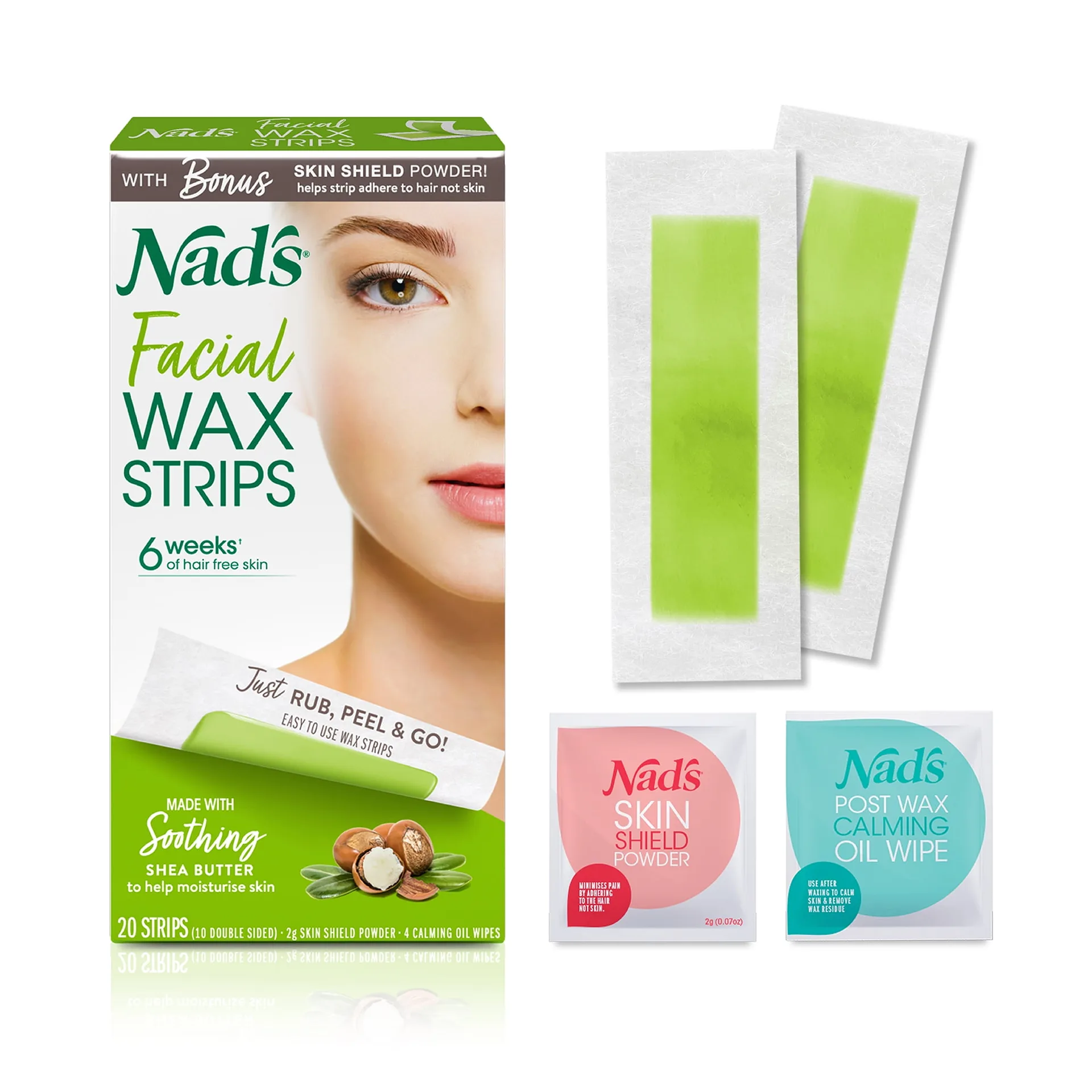 Nad's Facial Wax Strips 20 Pack for Women's Facial Hair Removal With 4 Calming Oil Wipes + Skin Protection Powder (Premium Edition)