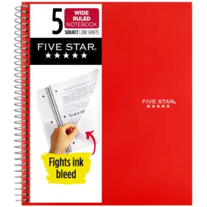 Five Star Spiral Notebook + Study App | 5 Subject | Wide Ruled | 8 x 10.5 | Fire Red | Single