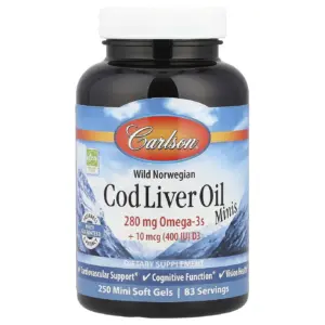 Carlson | Cod Liver Oil Minis | 280 mg Omega-3s + Vitamins A D3 | Heart Support Cognitive Function | Vision Health | 250 Mini Soft Gels