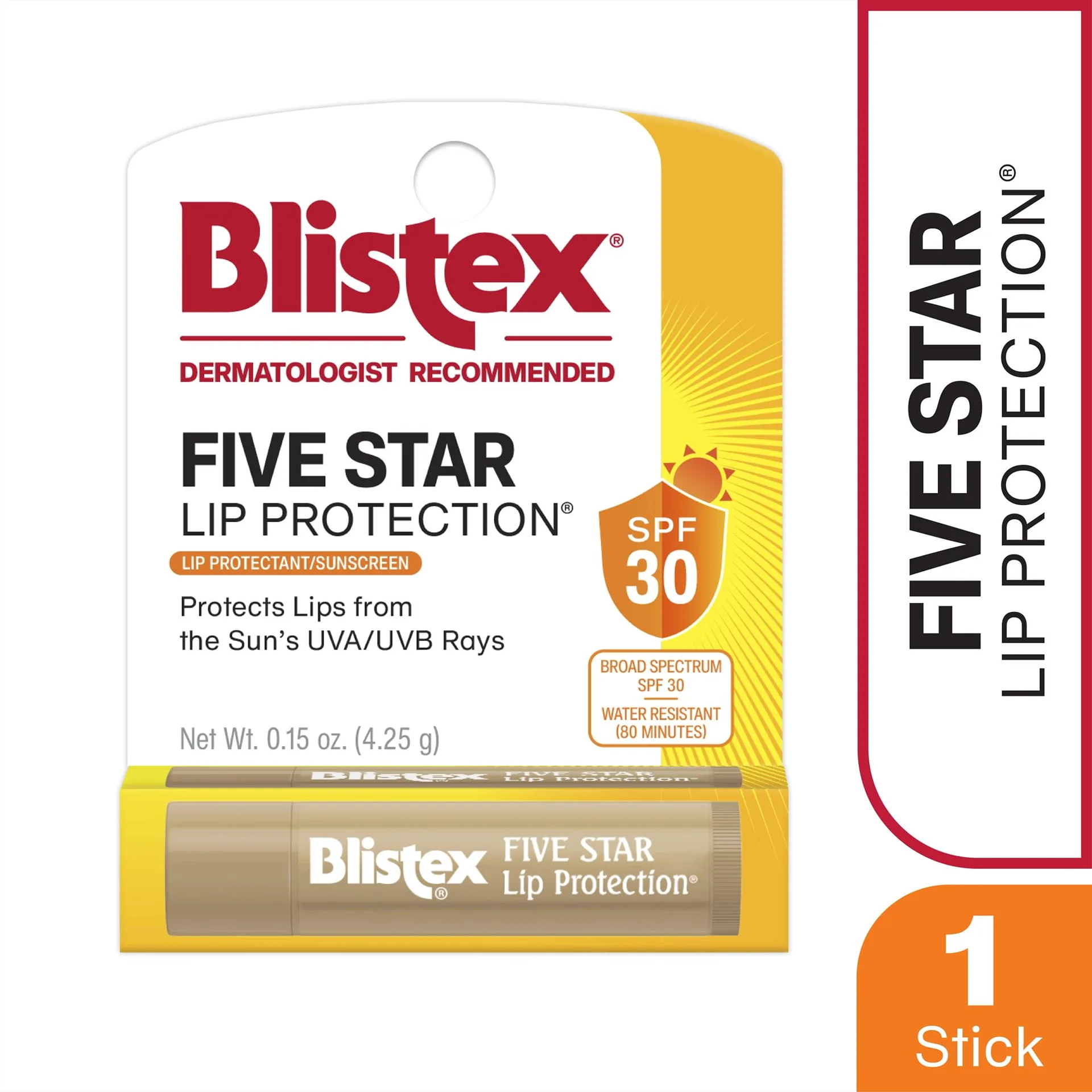 Blistex Five Star Lip Protection | Lip Balm | Moisture Shield with SPF 30 | 1 stick | 0.15 Ounce