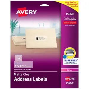 Avery Address Labels | Sure Feed | 1 x 2-5/8 | 300 Clear Labels (15660)