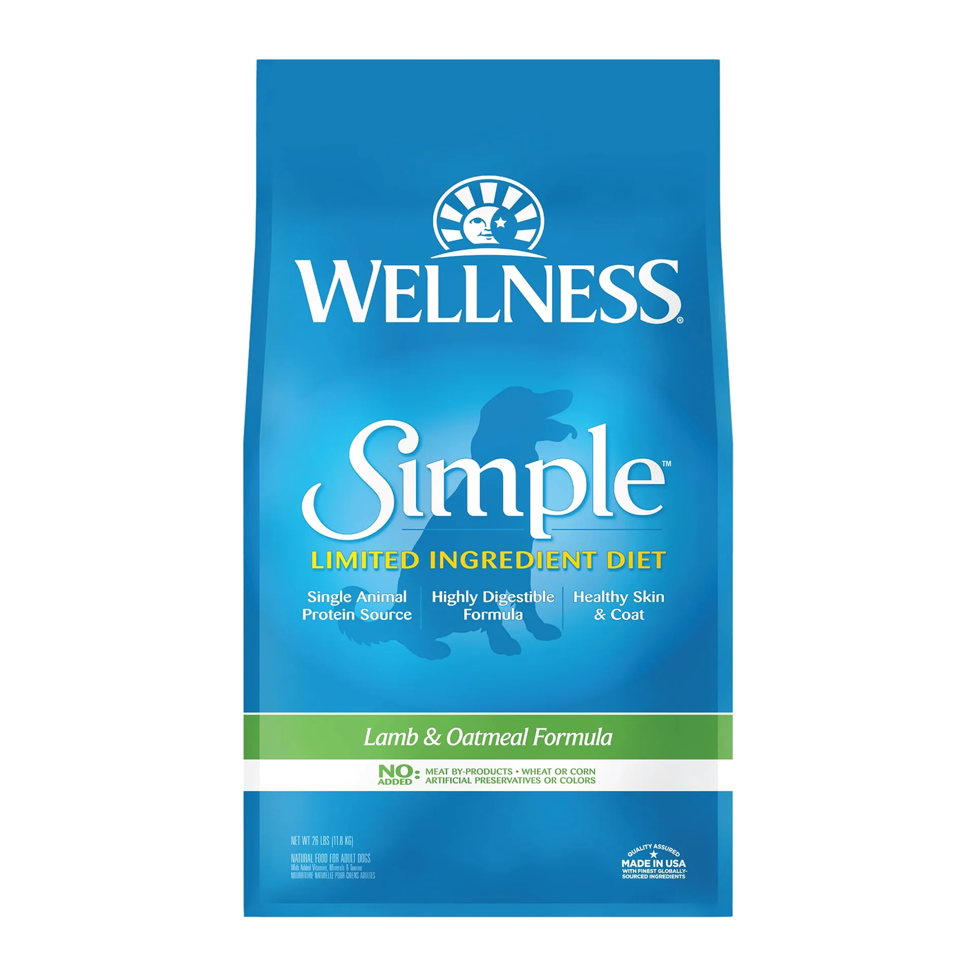 Wellness Simple Limited Ingredient Dry Dog Food for Sensitive Stomachs | Supports Skin and Coat | Wholesome Grains | Natural | Lamb and Oatmeal Recipe | (26-Pound Bag)