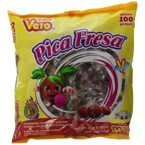 Dulces Vero Pica Fresa .. .. Chili Strawberry Flavor .. Gummy .. Mexican Candy | .. 100Piece | 1 .. LB | .. 5.15 Ounce | Clear