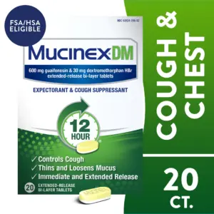 Mucinex DM 12 Hour Expectorant and Cough Medicine | Excess Mucus Relief and Cough Suppressant | 20 Tablets | Chest Congestion