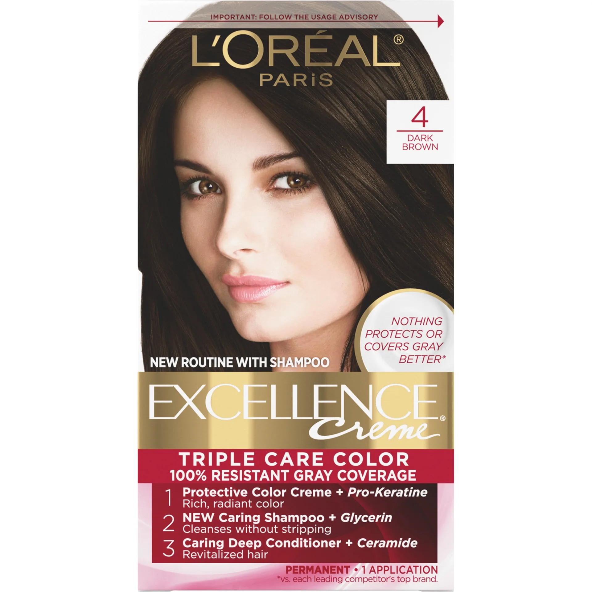 L'Oreal Paris Excellence Creme Permanent Hair Color | 4 Dark Brown | 100 Percent Gray Coverage | 1 Kit