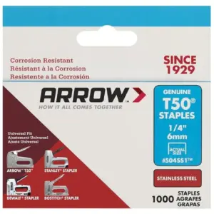 504SS1 Heavy Duty T50 Stainless Steel Staples for Upholstery | Construction | Furniture | Crafts | 1/4-Inch Leg Length | 3/8-Inch Crown Size,1000-Pack