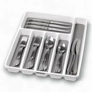 madesmart Large Silverware Tray | 6-Compartment Kitchen Drawer Organizer | Soft-Grip Lining | Non-Slip Rubber Feet | BPA-Free | White