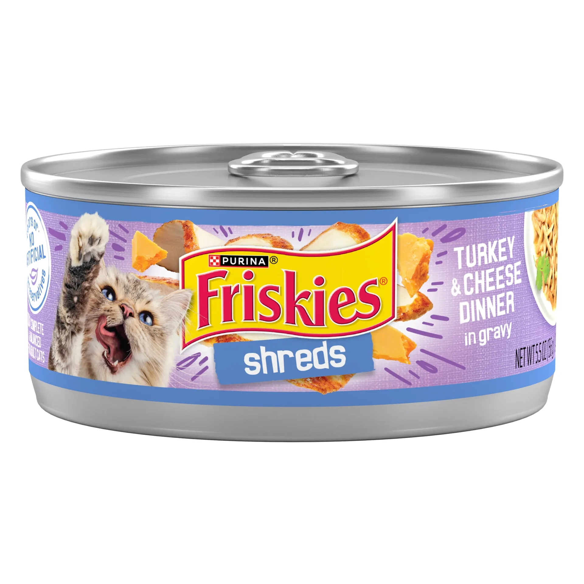 Purina Friskies Shreds Turkey & Cheese Dinner Inch Gravy | Wet Cat Food | 5.5 Ounce Can | 1