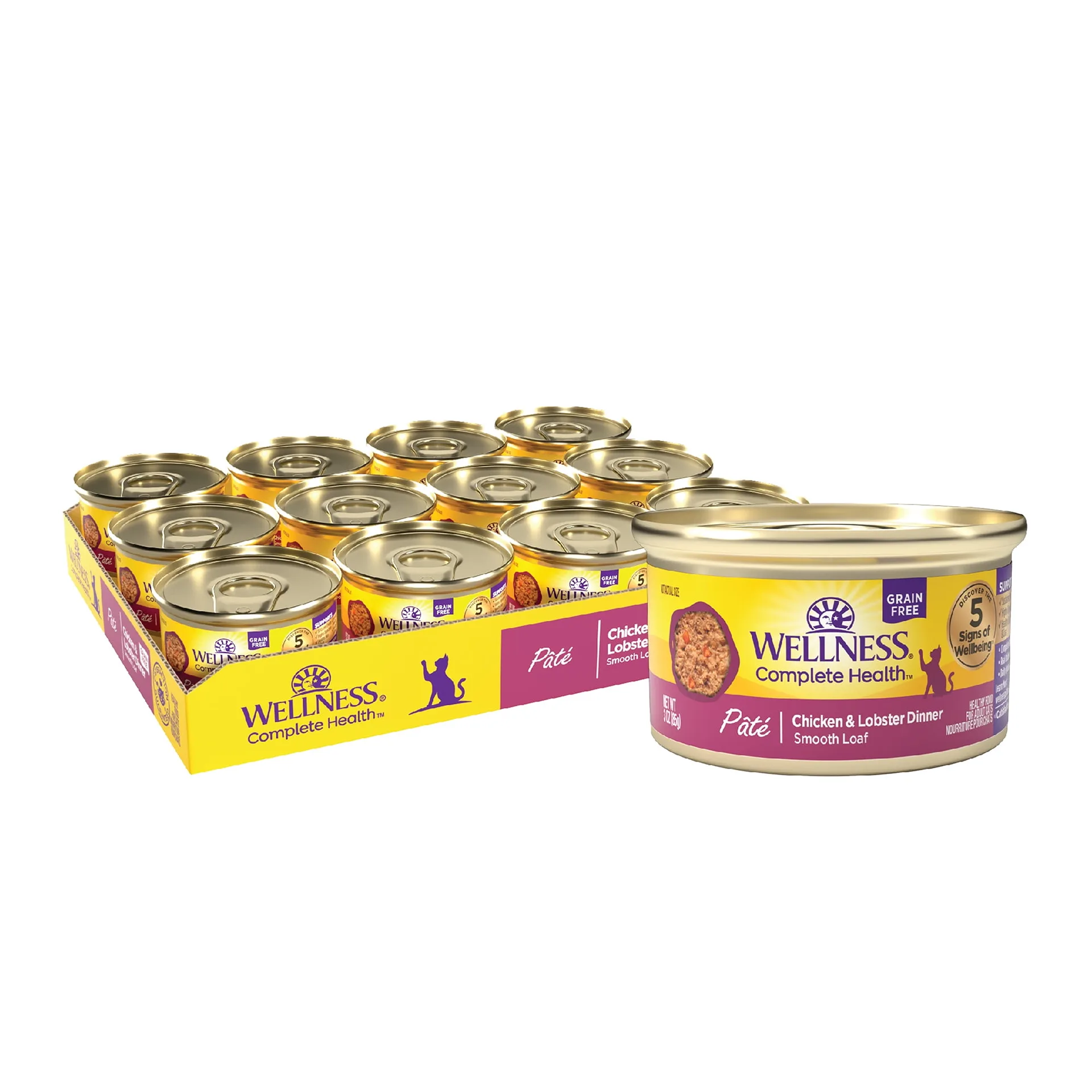 Wellness Complete Health Natural Grain Free Wet Canned Cat Food | Chicken and Lobster Pate | 3-Ounce Can (Pack of 24) | Chicken and Lobster