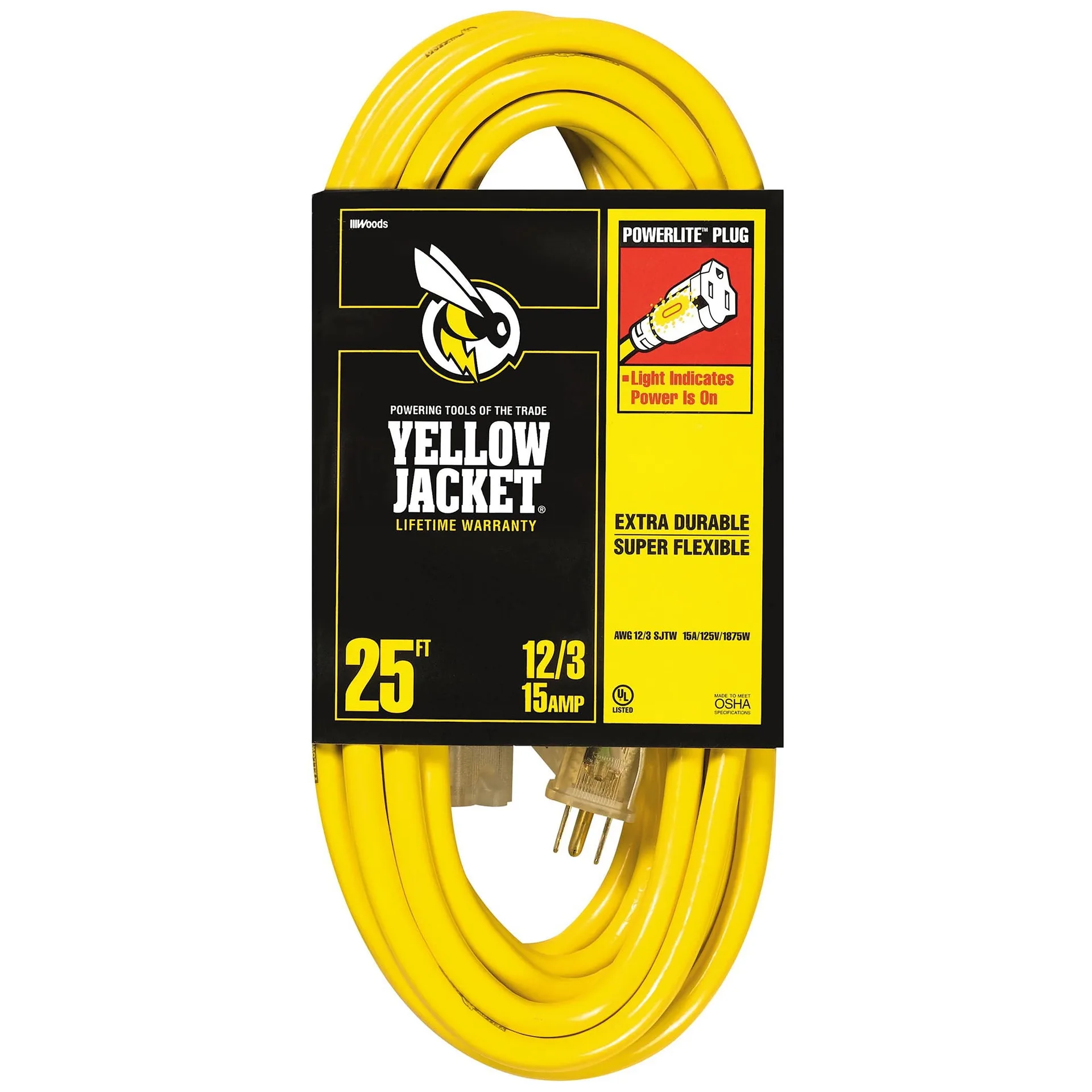 Yellow Jacket 2883 12/3 SJTW Outdoor Extension Cord with Lighted Ends | 25-Foot