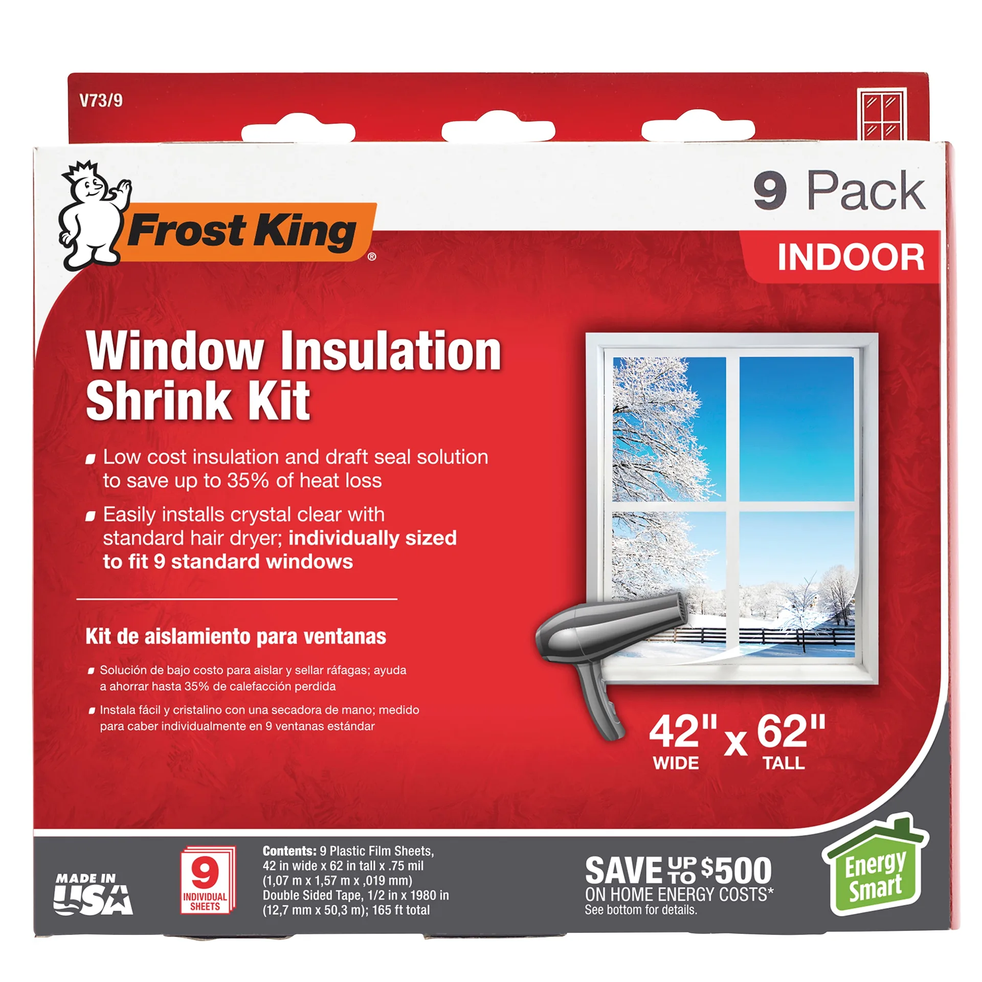 Frost King V73/9H Plastic Shrink Film Indoor Window Insulator Kit 42 Inch. W x 62 Inch. L | 9-Pack | 9 Pack | 42 x 62