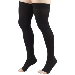 iMucci 20-30 mmHg Compression Stockings for Women & Men | Thigh High Length | Dot-Top | Open Toe | Black | Large | L