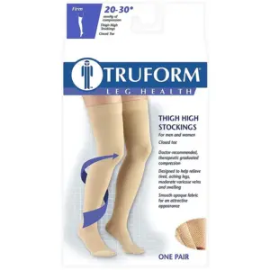 Truform 20-30 mmHg Compression Stockings for Men & Women | Thigh High Length | Dot Top | Closed Toe | Beige | Large