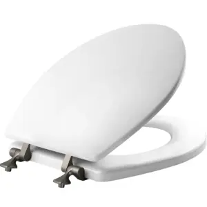 Mayfair Edgewater Round Enameled Wood Toilet Seat Inch White Never Looosens Brushed Nickel Metal Hinge | Single | Brushed Nickel Metal Hinge