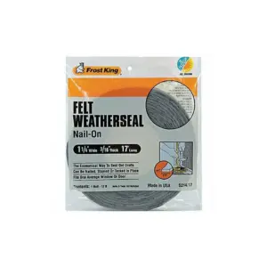 Frost King S214/17H Door Weather-Strip | 1-1/4 Inch W | 3/16 Inch Thick | 17 ft L | Felt | Gray | Nail | Tack | Staple Mounting