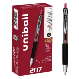 uni-ball 207 Retractable Fraud Prevention Gel Pens | Micro Point | 0.5 Millimeters | Black Barrels | Red Ink | Pack Of 12