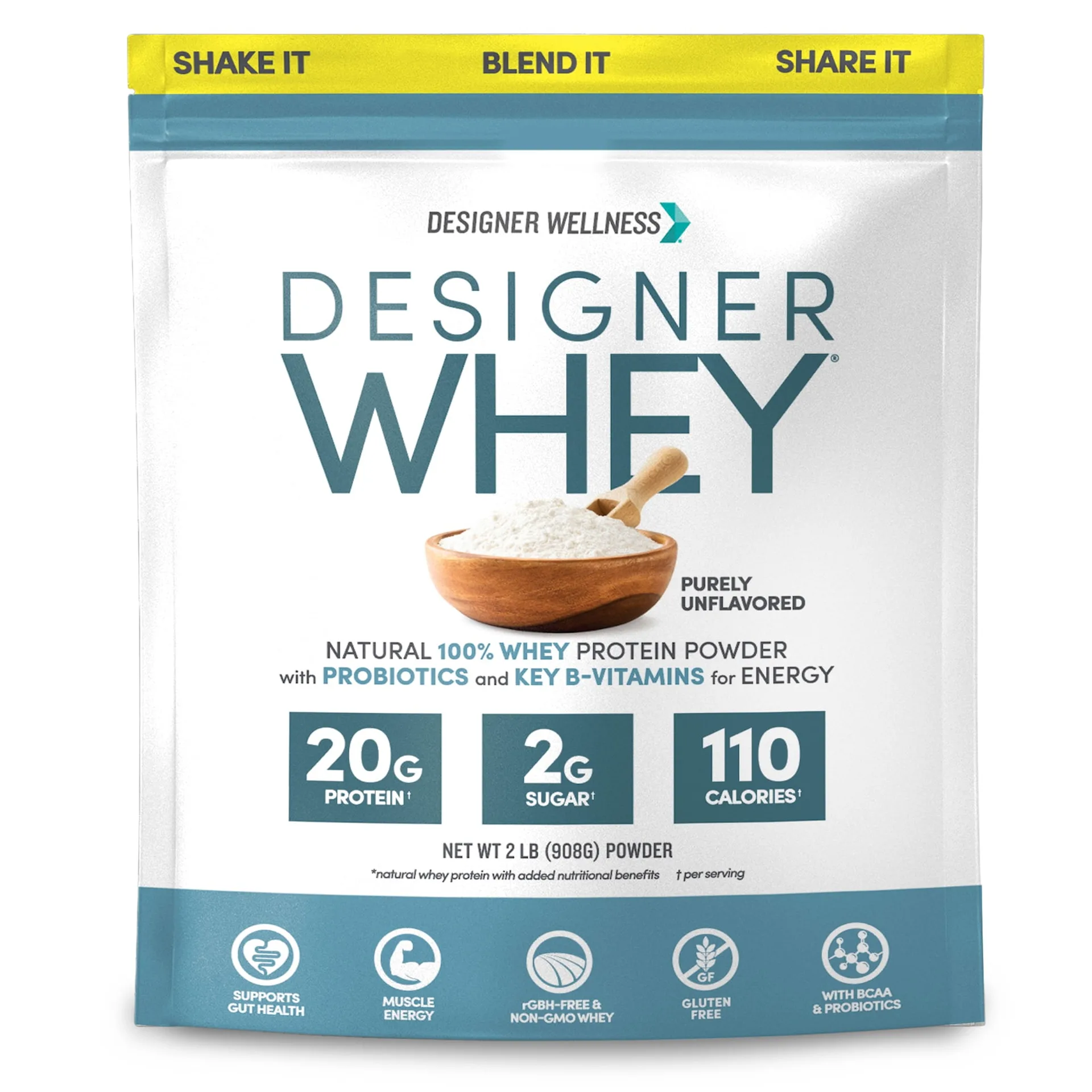 Designer Wellness | Designer Whey | Natural 100% Whey Protein Powder with Probiotics | Fiber | & Key B-Vitamins for Energy | Gluten-Free | Unflavored | 2lb | 2 lbs | Purely Unflavored | 2 lbs PWDR
