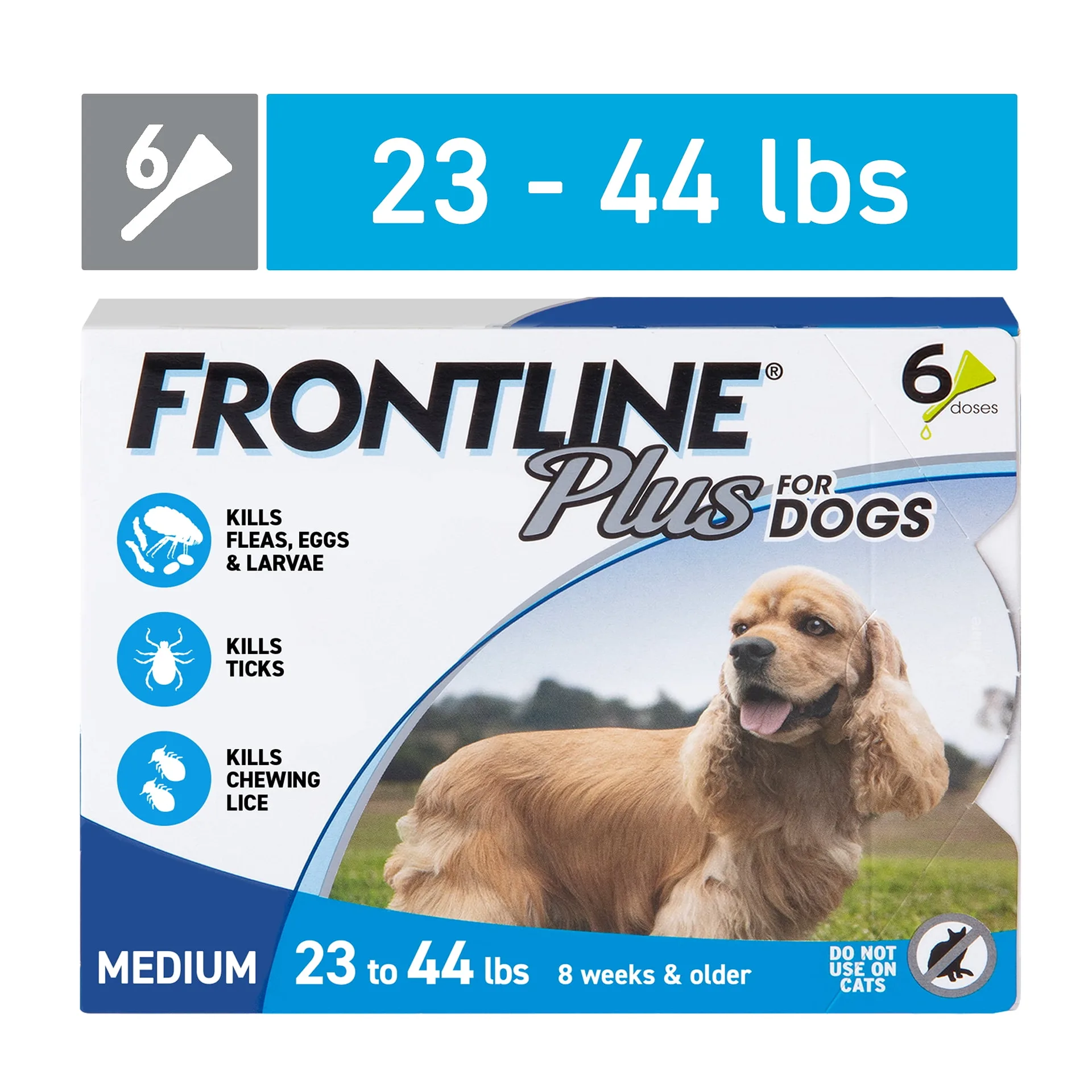 FRONTLINE Plus for Dogs Flea and Tick Medium Breed Dog Spot Treatment | 23 | 44 lbs | 6 Count | 1