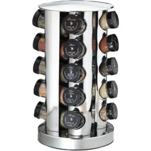 Kamenstein Revolving 20-Jar Pre-Filled Glass Jar Countertop Rack Tower Organizer with Free Spice Refills for 5 Years Inch Silver