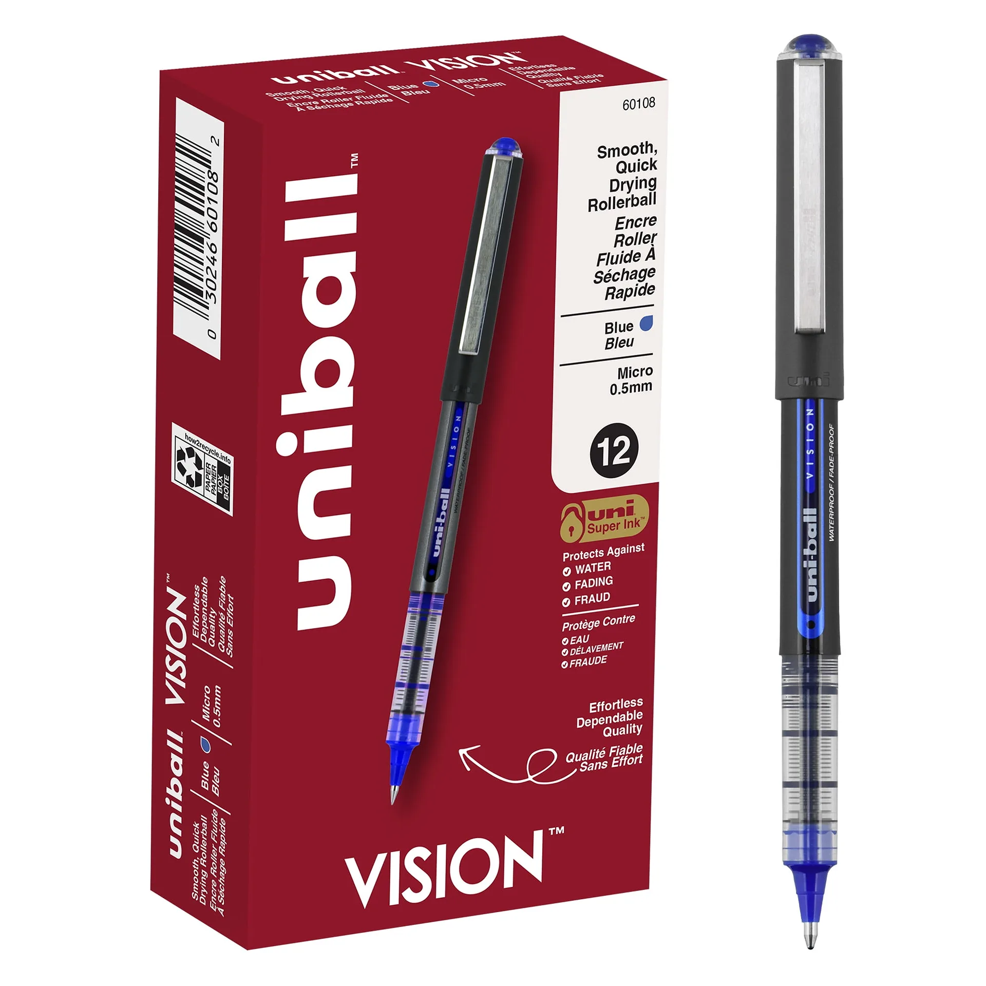 Uniball Vision Rollerball Pens | Micro Point (0.5mm) | Blue Ink | 12 Count