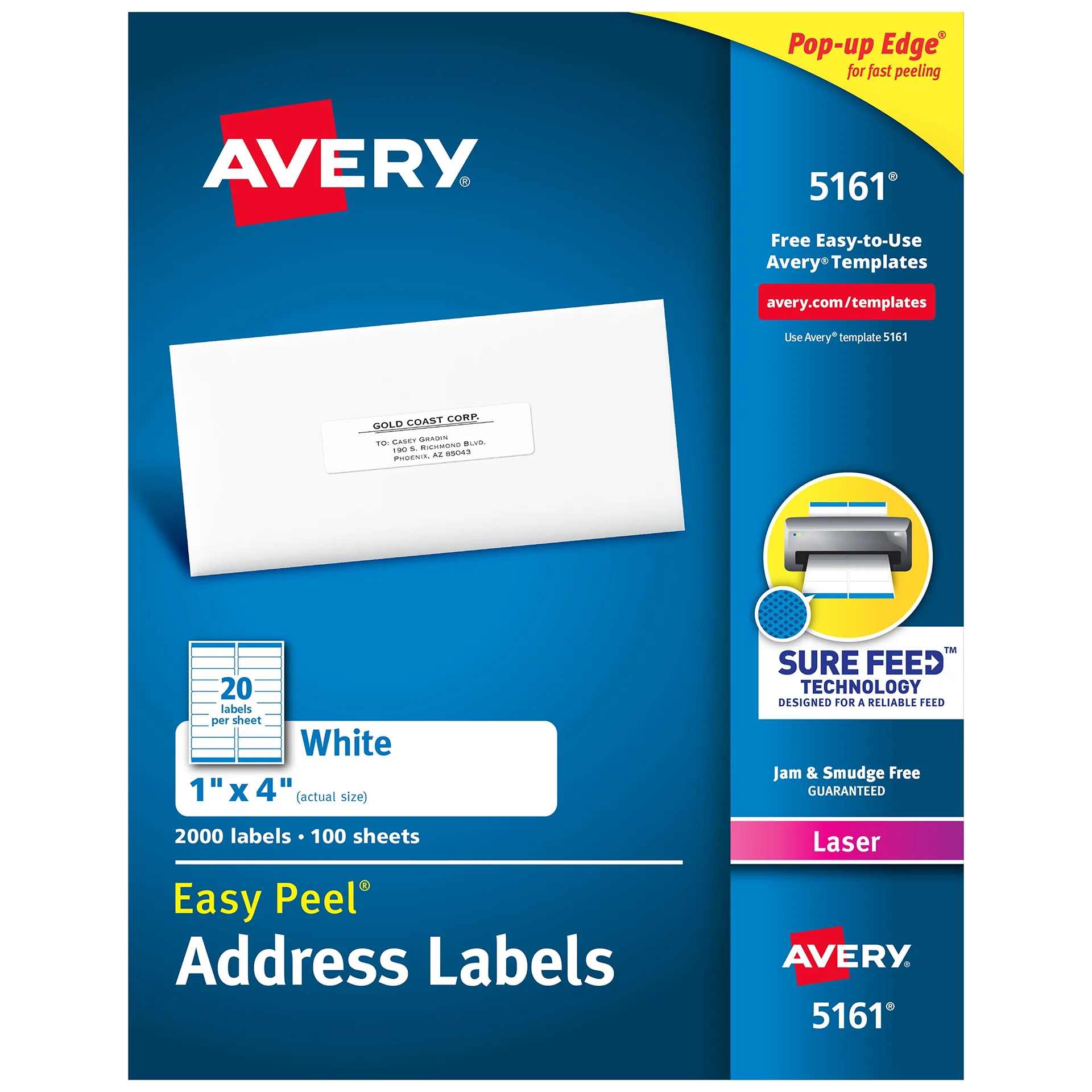 Avery Easy Peel Address Labels | Sure Feed Technology | Permanent Adhesive | 1 x 4 | 2,000 Labels (5161) | 2000